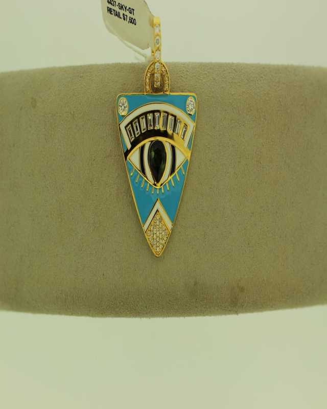 20K Sky Blue Enamel Guitar Pick Pendant with Green Tourmaline and Diamonds